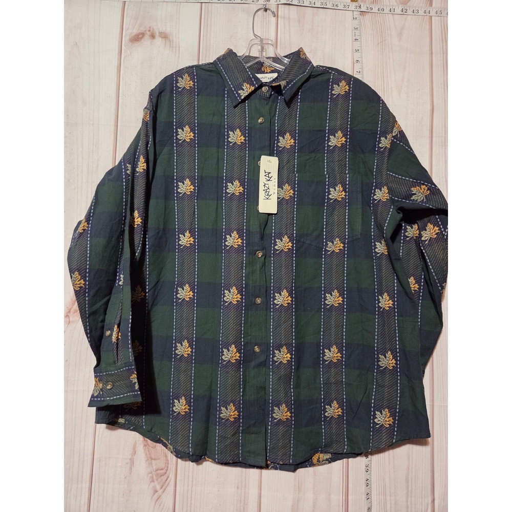 Krazy Kat Woman Cotton Plaid Embroidered Fall Leaf Button Down Shirtโ 18 20